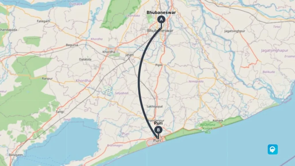 Route to Puri from Bhubaneswar