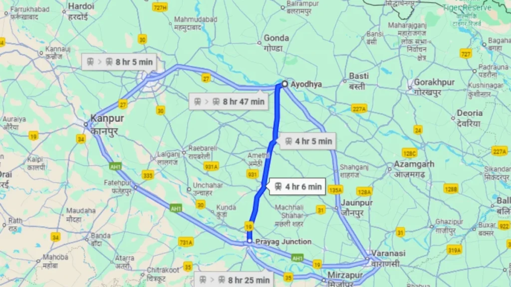 Distance from Prayagraj to Ayodhya by road