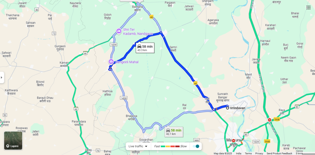 Barsana to Vrindavan Distance